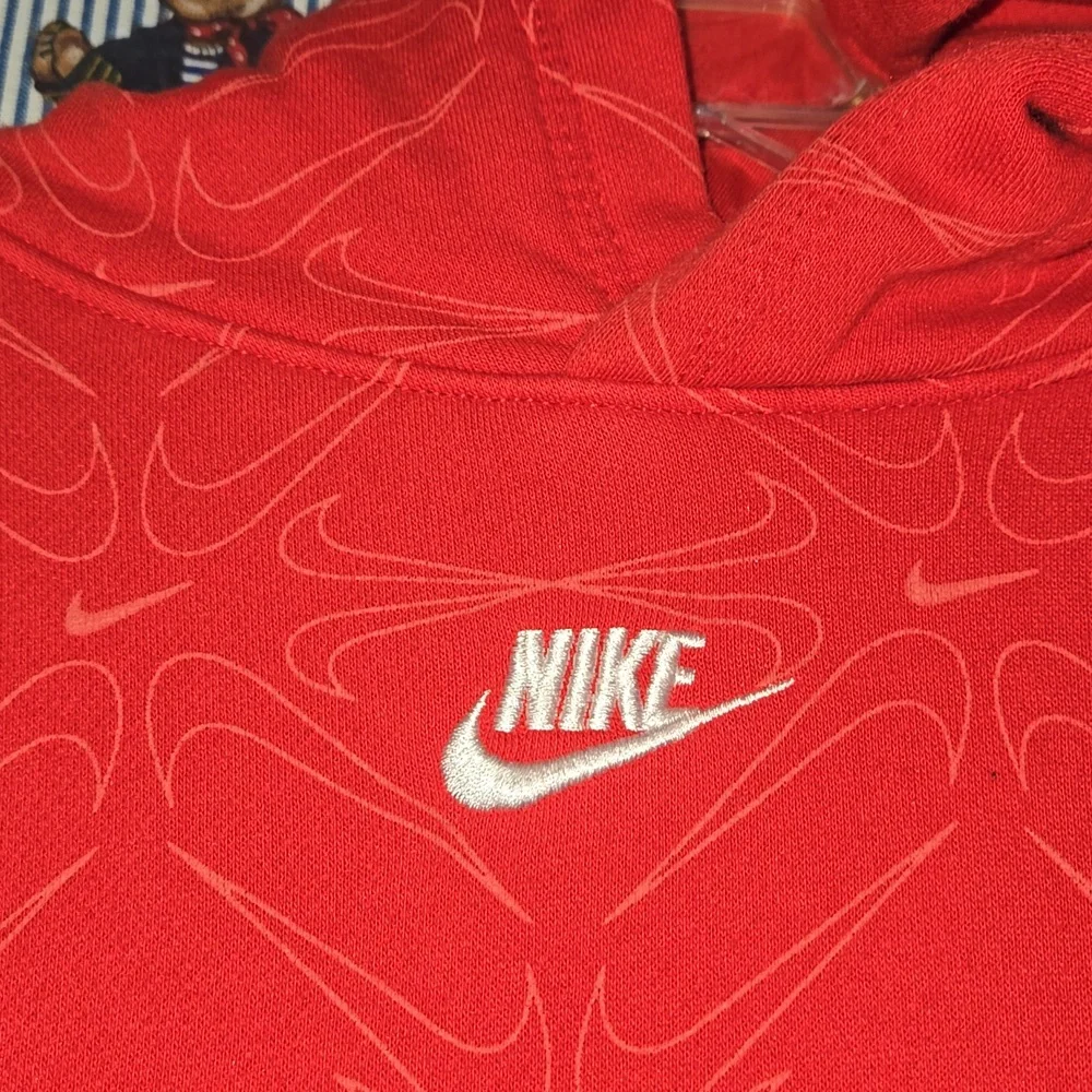 Nike Center Swoosh Check All Over Print Sweatshirt Hoodie Red Kids Large